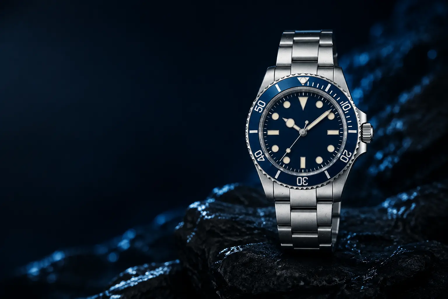 Fully assembled Chronova Tidal Blue Current dive watch on wet stone